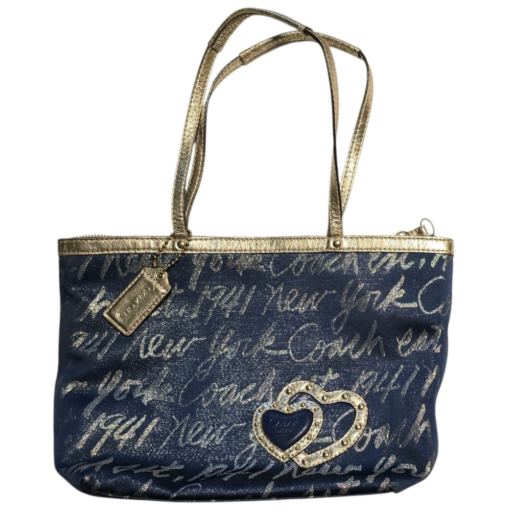 Coach Poppy NewYork Script Navy Blue and Gold 2011 Hobo Tote with Heart Detail